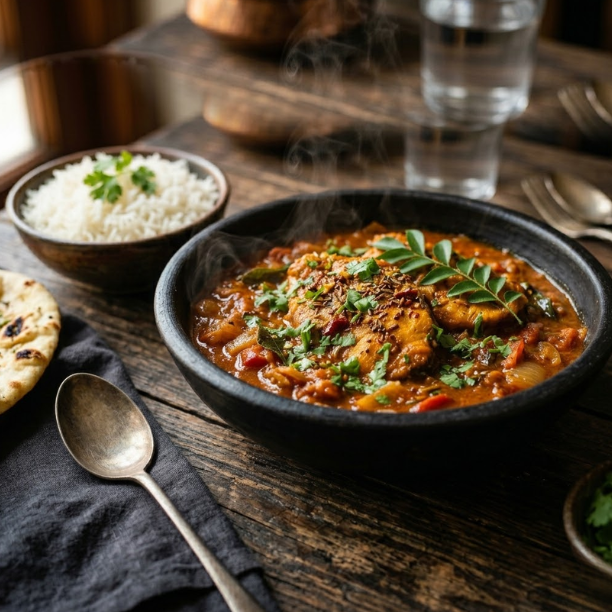 Authentic Indian tilapia curry served in a rustic bowl with spicy tomato gravy, fresh coriander, curry leaves, and basmati rice on a wooden table.