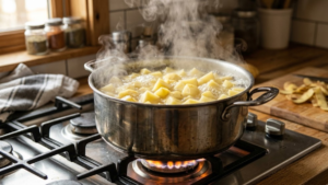 HelloFresh Shepherd's Pie Recipe 14 Diced Yukon Gold potatoes boiling in a pot for HelloFresh Shepherd's Pie Recipe.