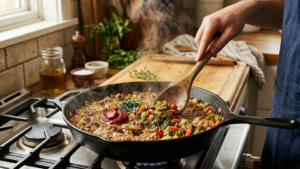 HelloFresh Shepherd's Pie Recipe 17 Ground beef and vegetables simmering in rich gravy for shepherd's pie filling.