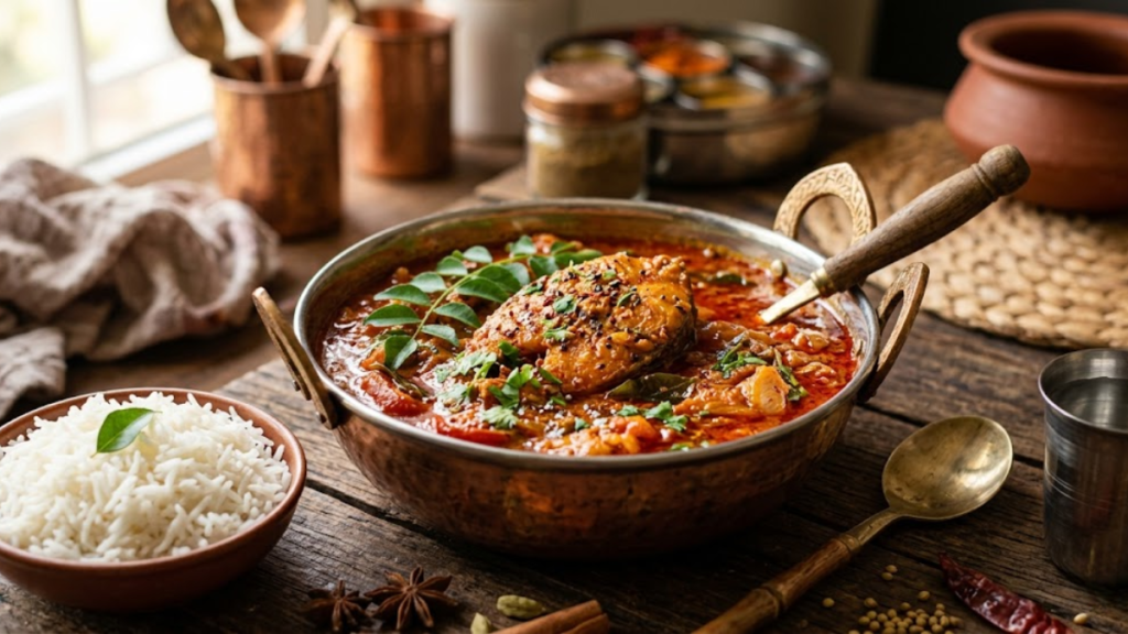 Indian tilapia curry with spicy gravy and basmati rice served in a traditional bowl with fresh coriander garnish. - Indian Tilapia Recipe