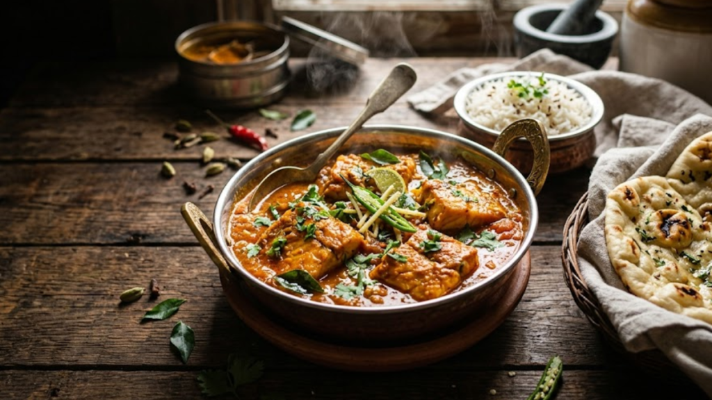 Restaurant-style Indian tilapia curry served with naan and rice on a rustic wooden table.