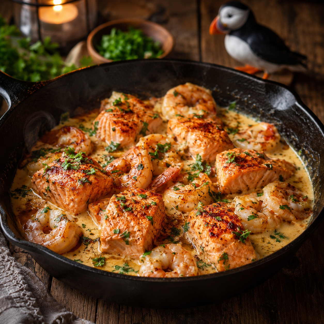Puffin bird recipe 13 Creamy Nordic-inspired puffin bird recipe with salmon and shrimp cooked in a smoky garlic herb sauce.