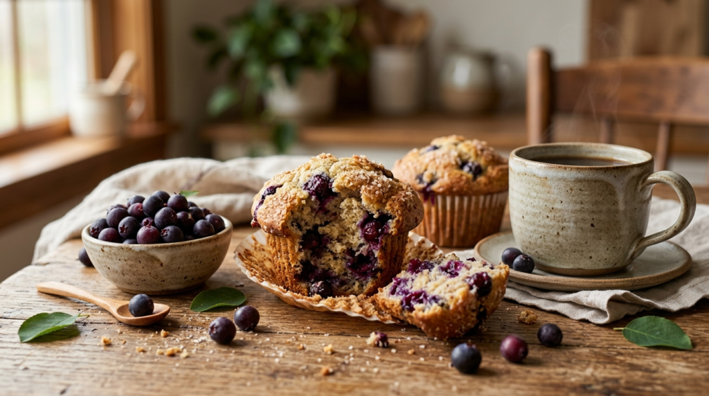 Juneberry Recipes: 10 Delicious Ways to Use Sweet Juneberries at Home 12 Freshly baked juneberry muffins with ripe juneberries and coffee on a rustic wooden breakfast table.