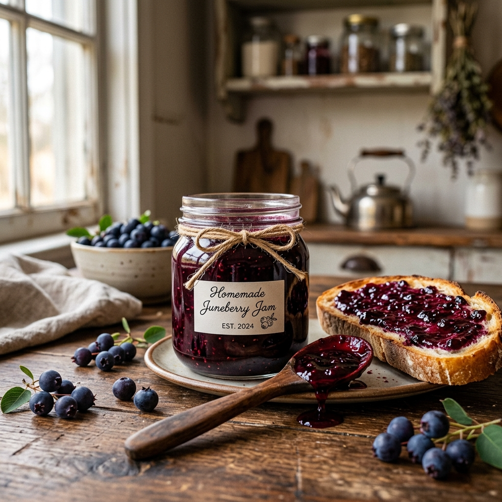 Juneberry Recipes: 10 Delicious Ways to Use Sweet Juneberries at Home 13 Rustic homemade juneberry jam in a glass jar with fresh juneberries, jam-covered toast, and a wooden spoon on a farmhouse kitchen table.