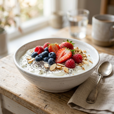 10 Weight Loss Recipes That Are Healthy, Delicious, and Easy to Make 12 Greek yogurt berry bowl topped with fresh berries, chia seeds, and almonds.