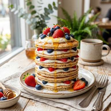 15 Protein Dessert Recipes: Healthy High-Protein Treats That Taste Amazing 21 Protein pancake dessert stack with berries and yogurt.