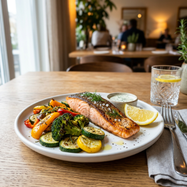 10 Weight Loss Recipes That Are Healthy, Delicious, and Easy to Make 16 Baked salmon with roasted vegetables on a dinner plate.