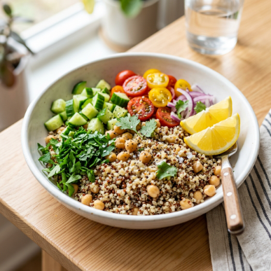 10 Weight Loss Recipes That Are Healthy, Delicious, and Easy to Make 17 Quinoa chickpea power bowl with fresh vegetables and herbs.