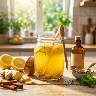 Natural Zepbound Recipe: How to Make the Viral Weight Loss Drink 12 Natural Zepbound recipe drink with lemon, ginger, apple cider vinegar, and chia seeds on a wooden table.