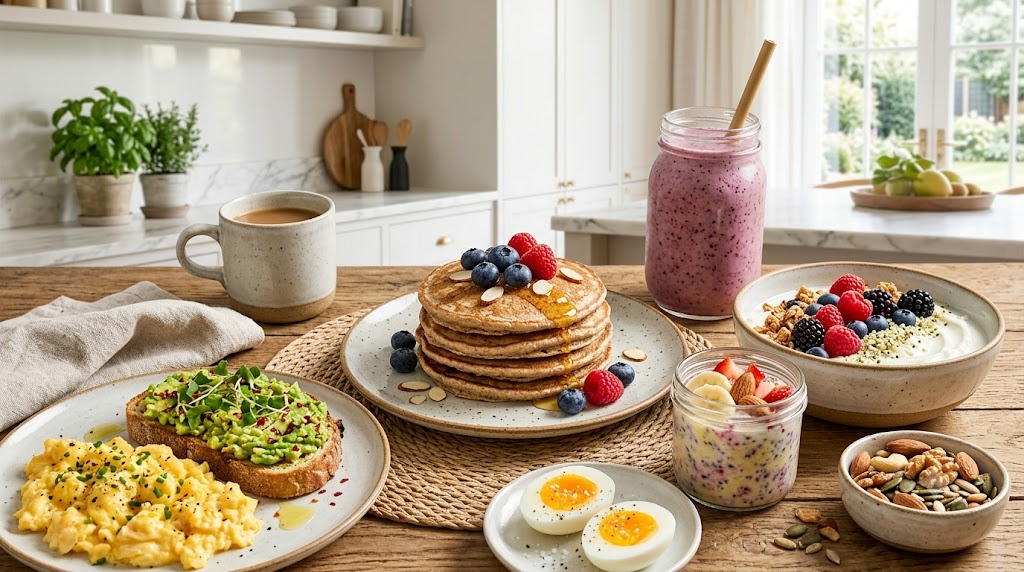 20 High Protein Breakfast Recipes That Are Easy, Healthy, and Delicious 1 Healthy high protein breakfast ideas with protein pancakes, scrambled eggs, avocado toast, Greek yogurt, berries, oats, and a smoothie